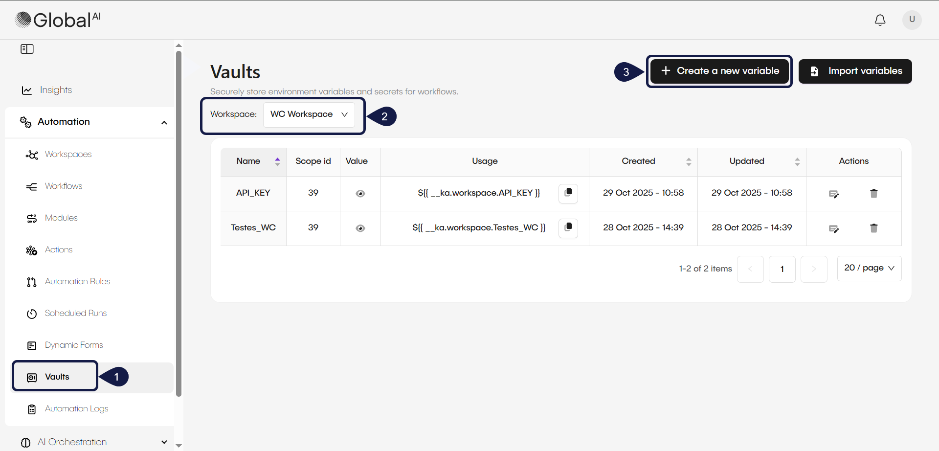 The GlobalAI Vaults page with the Create a new variable button highlighted.