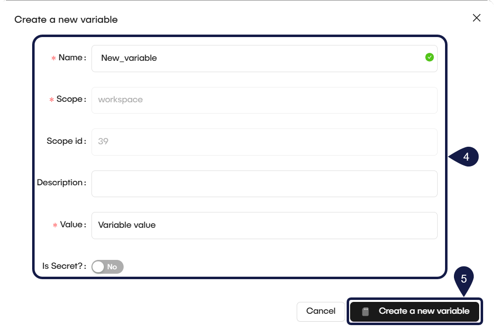 The Create a new variable modal window with the steps highlighted.