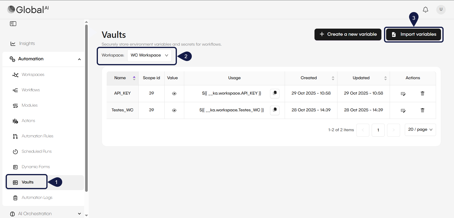The Vaults page with the Import Variables button highlighted.