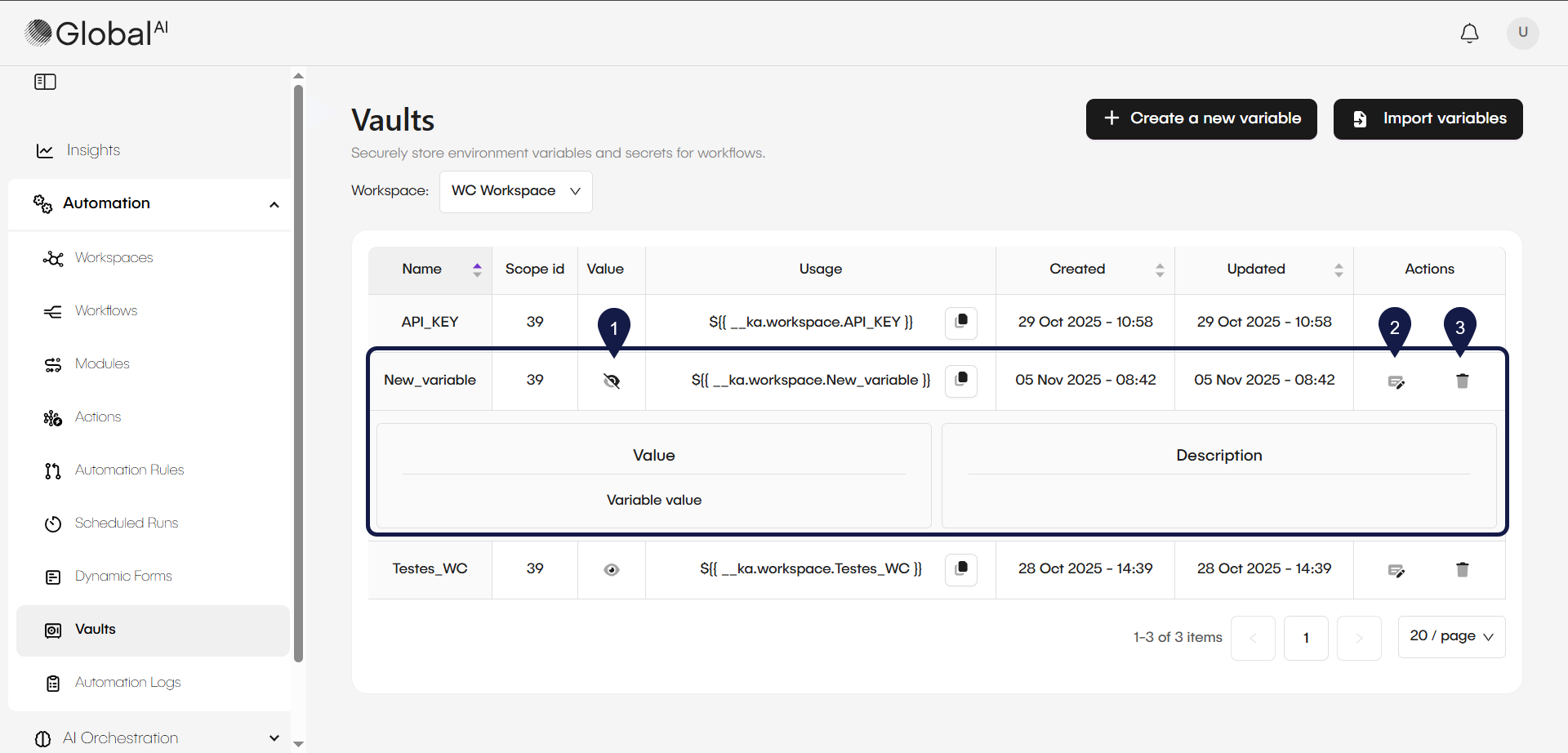 The Vaults page with the variable and the action buttons highlighted.