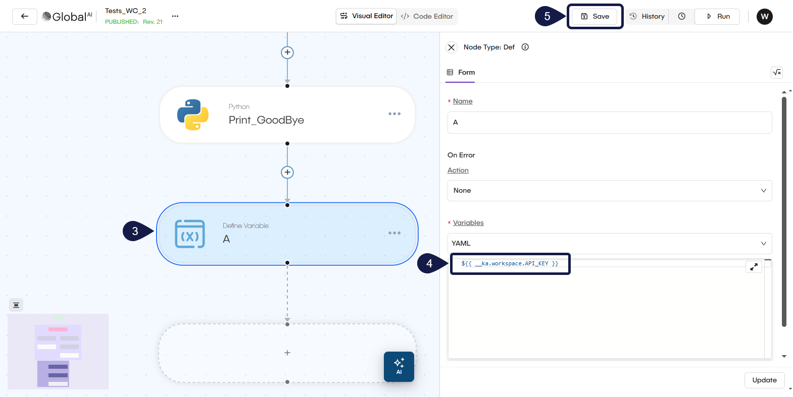 The workflow page with the variable pasted.