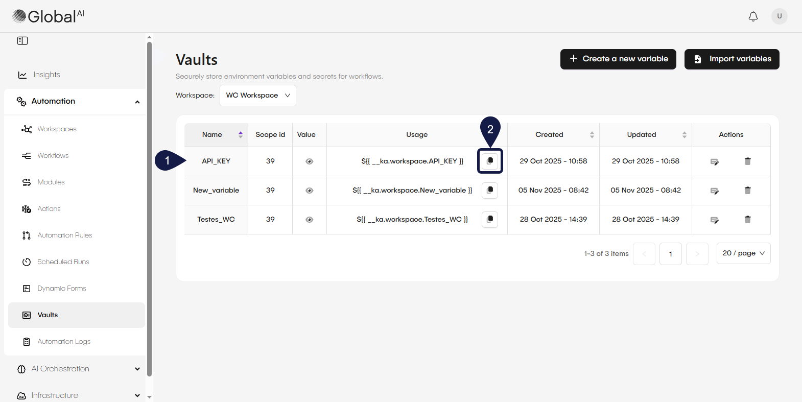 The Vaults page with the copy button highlighted.