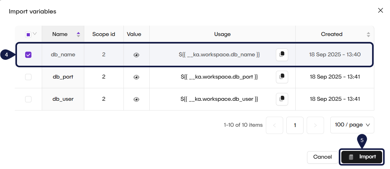 The Vaults page with the variable and the action buttons highlighted.